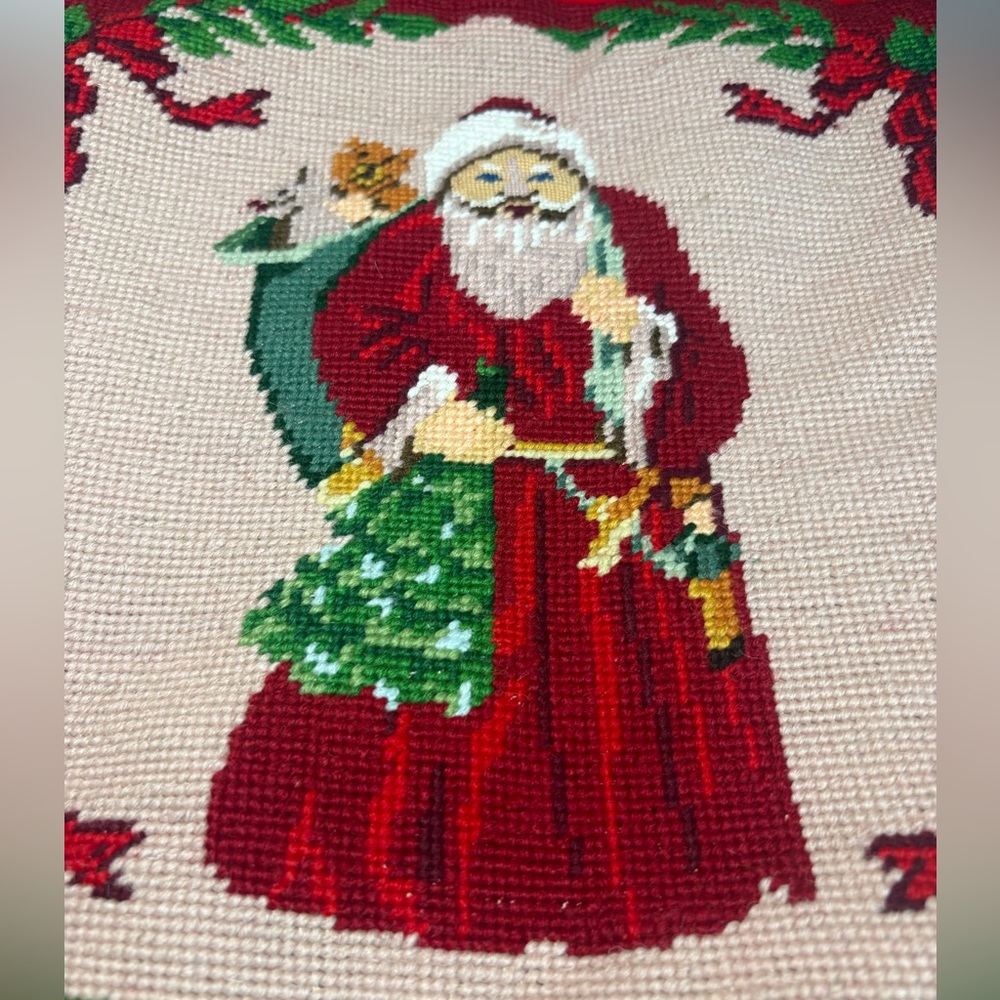 Christmas Needlepoint Throw Accent Pillow Cover Santa Red Velvet Back Zip FLAW